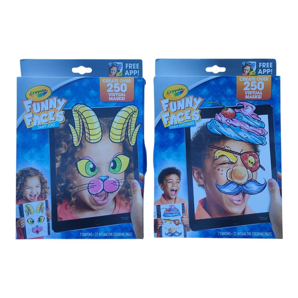 Crayola Funny Faces Zany Zoo & Crazy Costumes Set 2 Books w Crayons Open Box